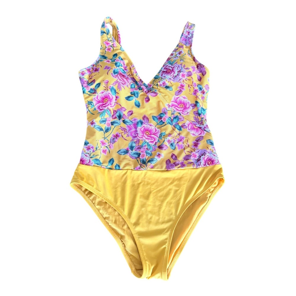 Skye Women Yellow Floral Ribbed Surplice‎ One Piece Swimsuit Gardencore Large